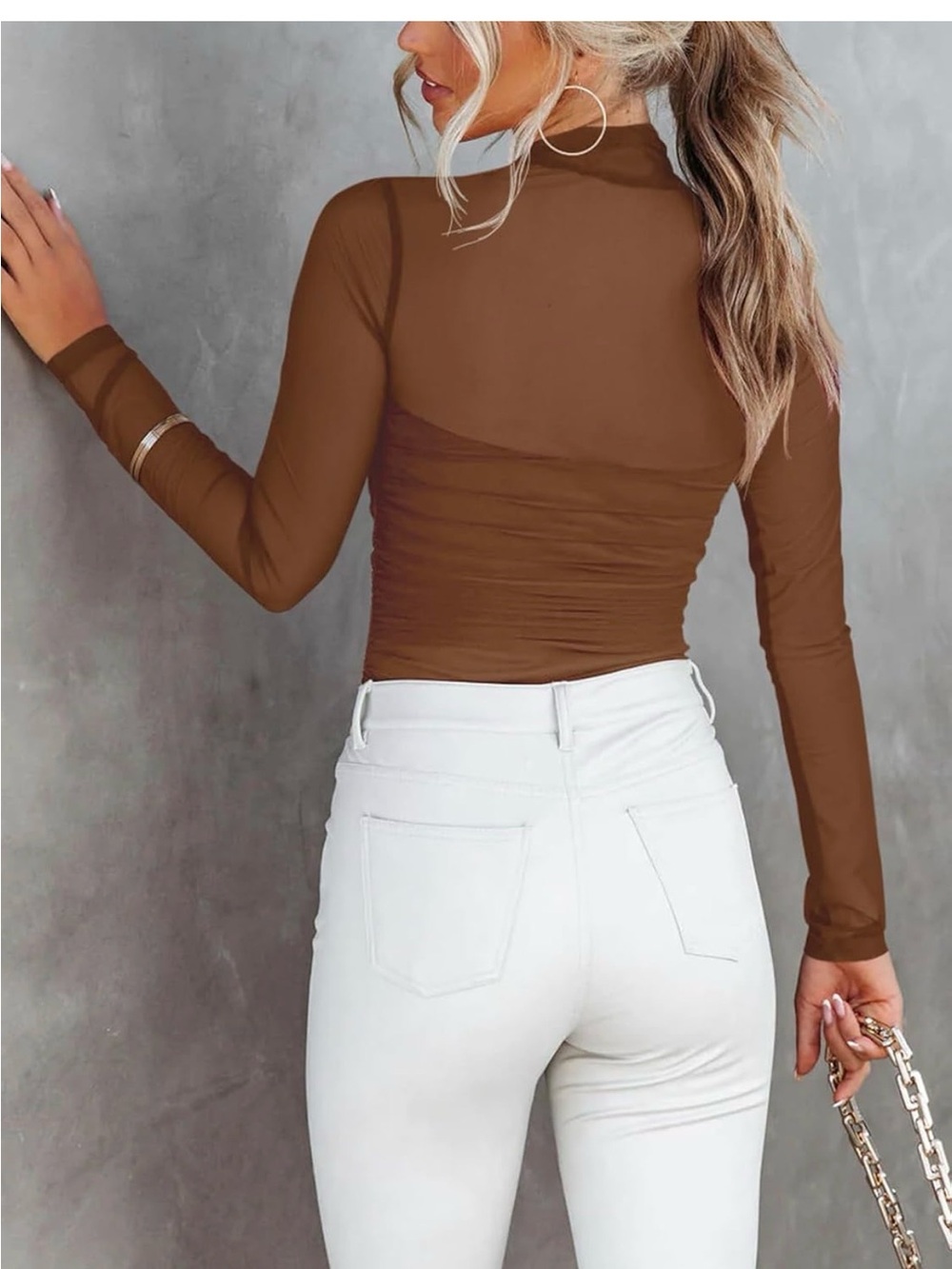 Women’s Sheer Mock Neck Long Sleeve Bodysuit - Brown